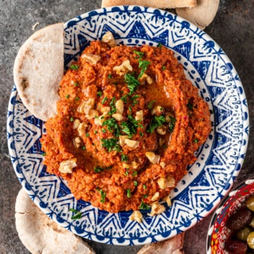 red pepper spread in a blue in white bowl with sliced pita