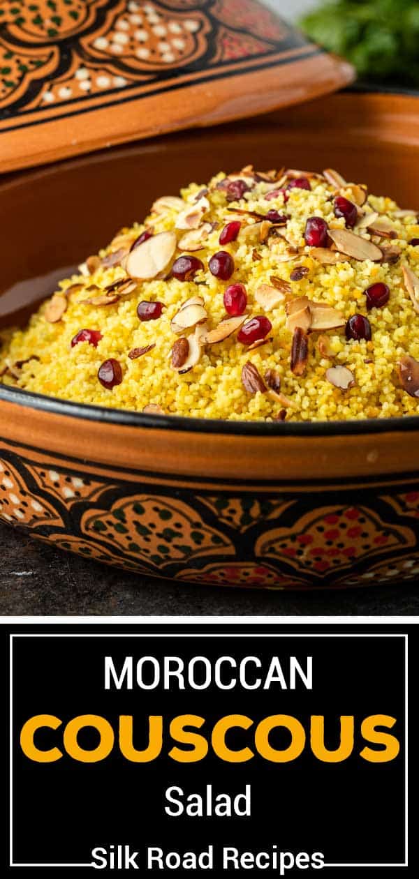 titled Pinterest image (and shown in large bowl): Moroccan Couscous side dish