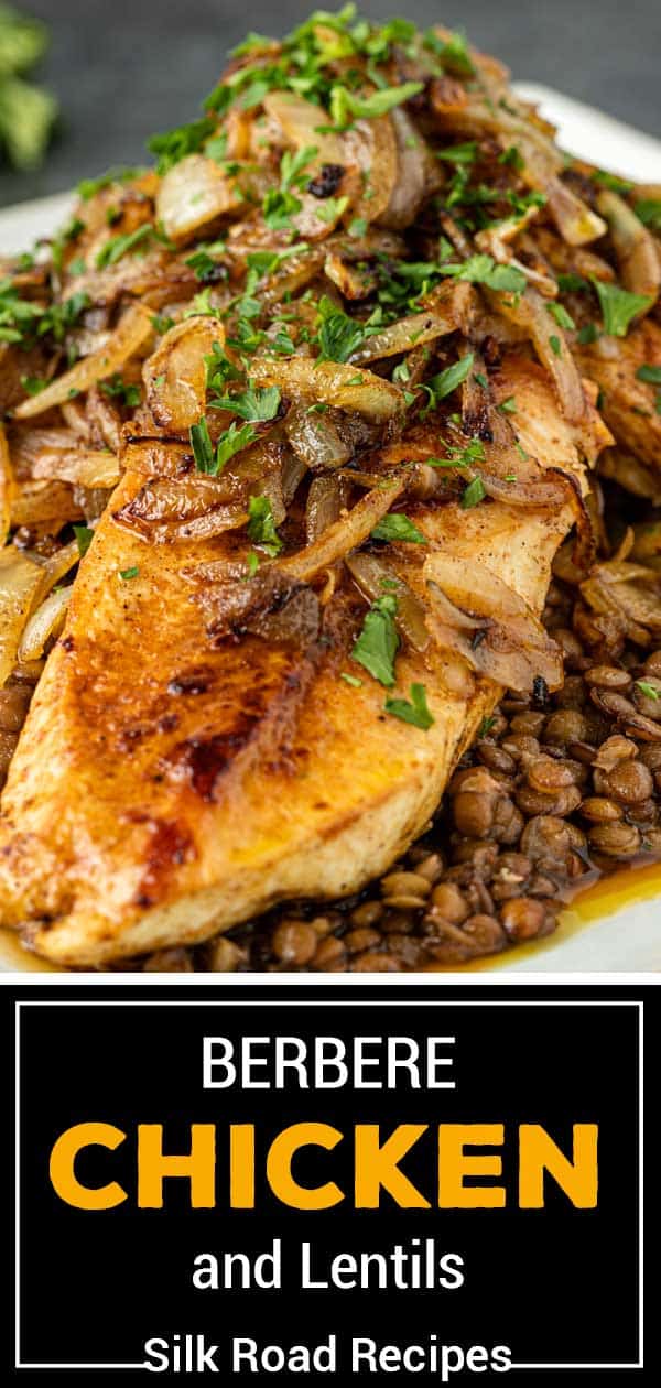titled Pinterest image shows Berbere Chicken, an Ethiopian chicken recipe