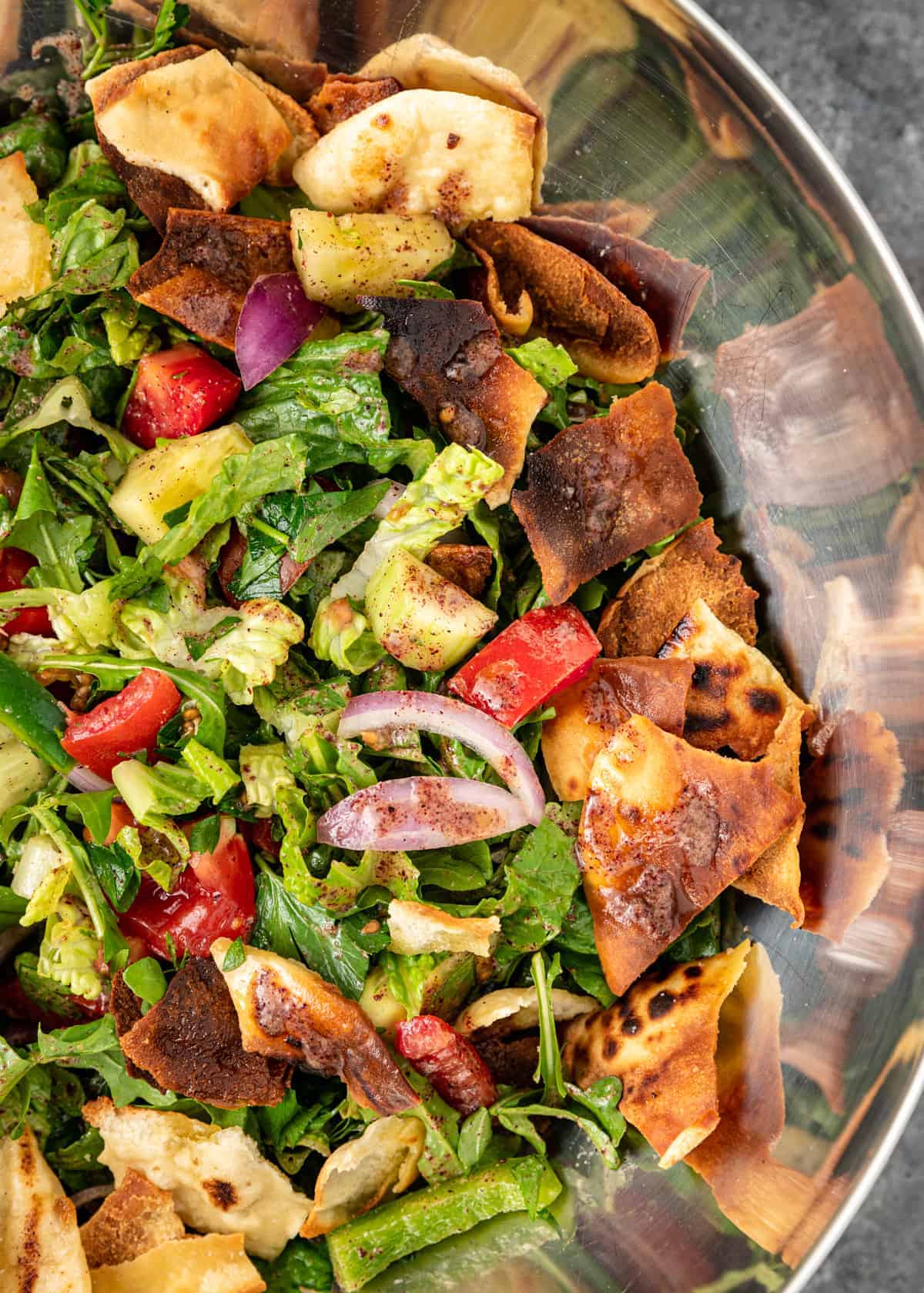Fattoush salad in a mixing bowl.