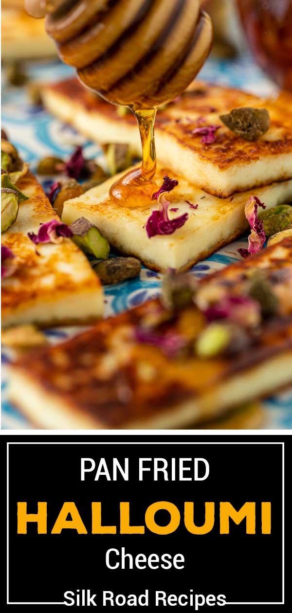 titled image: drizzling honey onto strips of crispy halloumi cheese