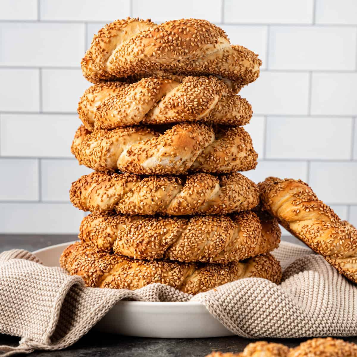 tower of simit turkish bread in a bowl