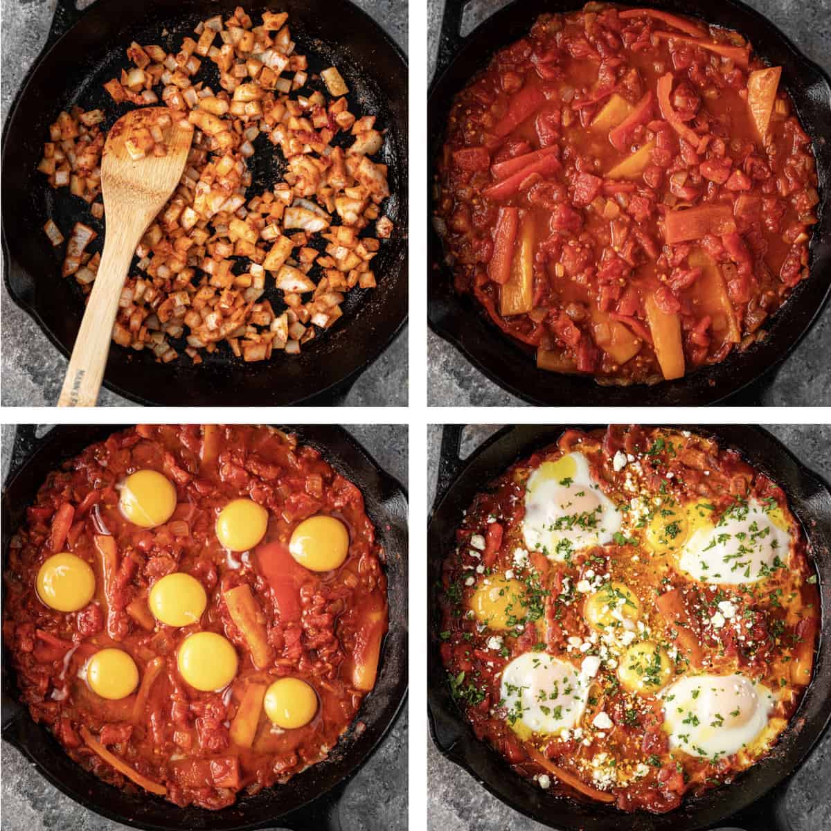 4-photo collage shows process of making shakshuka in tomato sauce
