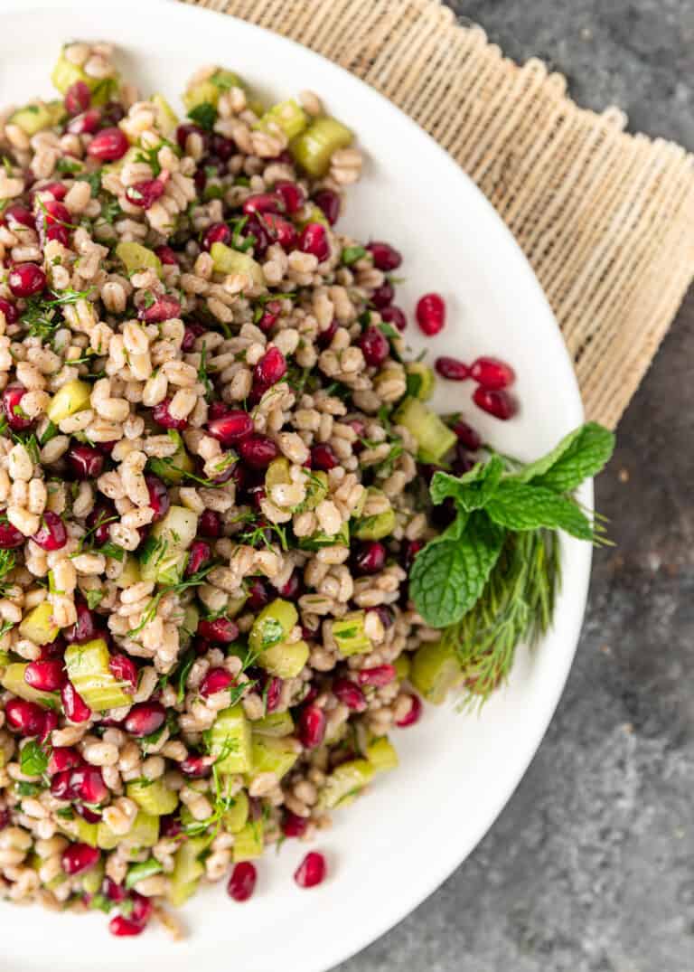 overhead image of egyptian barley salad with pomegranate seeds and chopped celery on a white plate