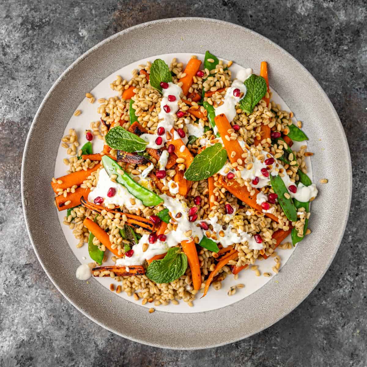 barley and roasted carrots with spring peas