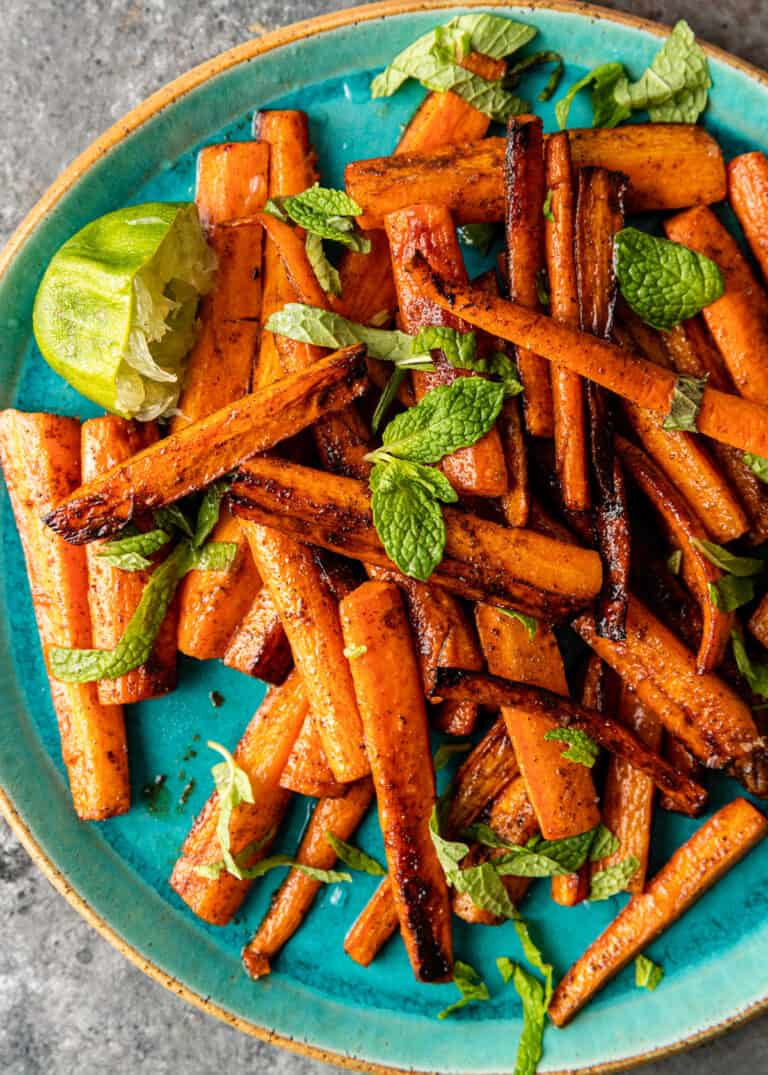 overhead view of roasted carrots on a plate