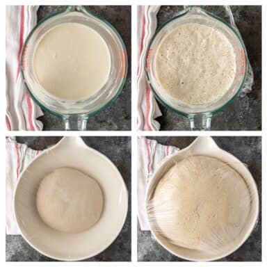 4-photo collage: stages of dough rising for persian bread