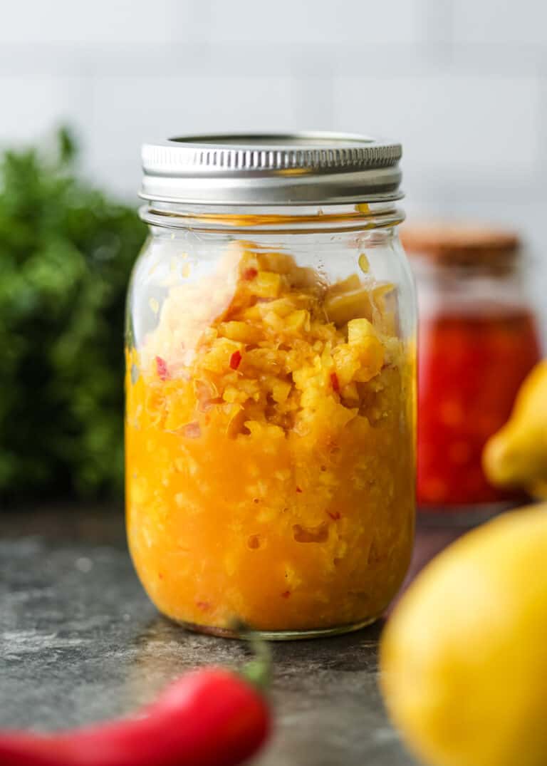 pickled lemon relish in glass canning jar