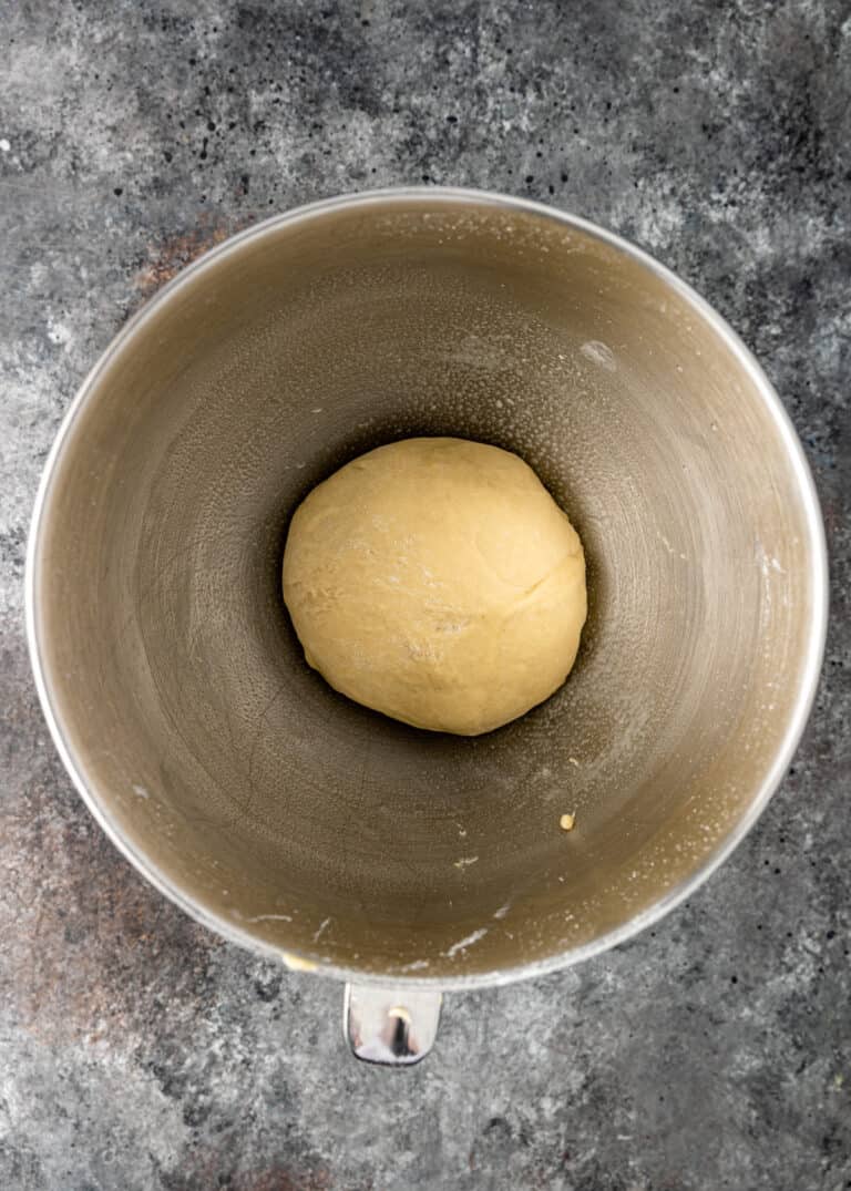 overhead image: lachmacun dough in metal mixing bowl