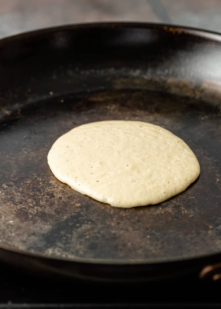 baghrir pancake batter in skillet
