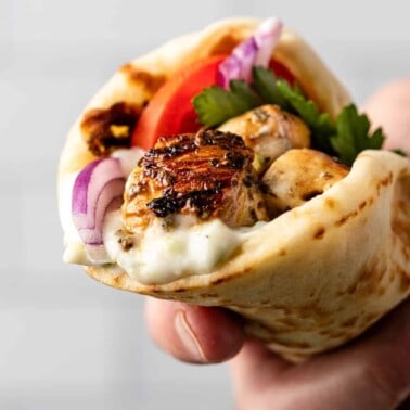 closeup: man's hand holding a pita wrapped around grilled chicken souvlaki
