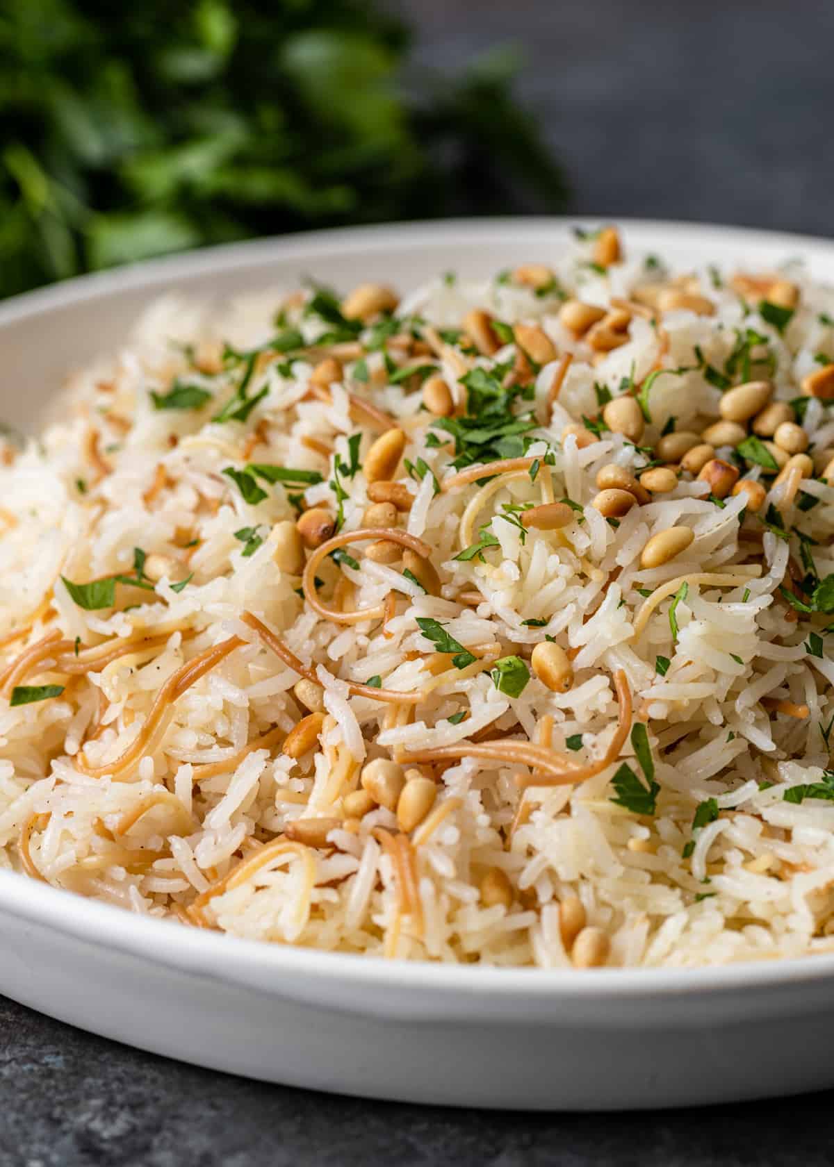 closeup: dish of lebanese vermicelli rice garnished with pine nuts and parsley