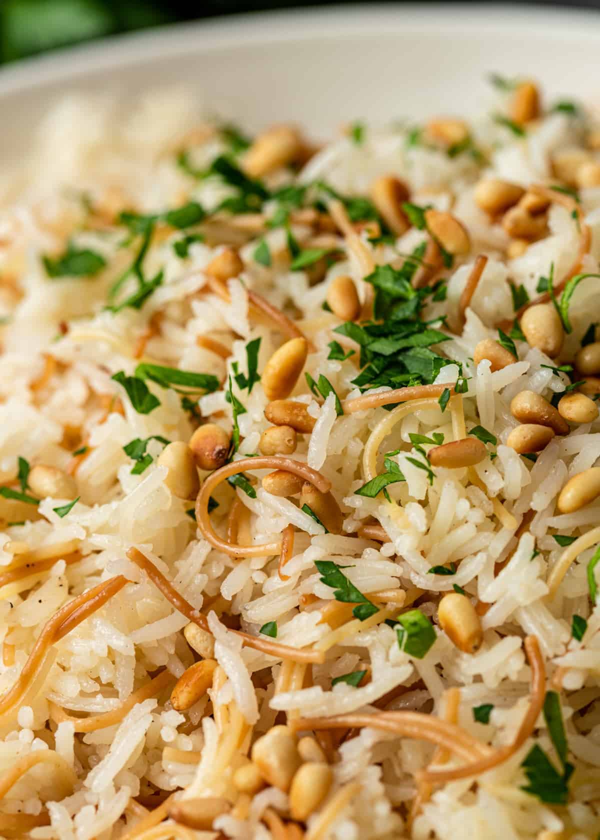 closeup: dish of lebanese vermicelli rice garnished with fresh herbs