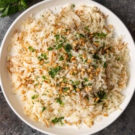 lebanese rice pilaf in white bowl