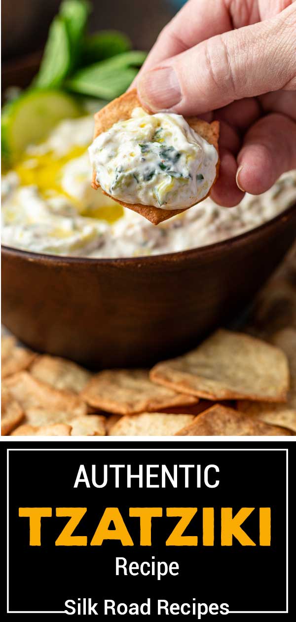 titled image for Pinterest shows close up of cracker topped with authentic tzatziki sauce