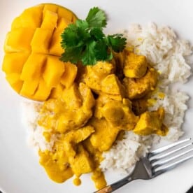overhead: mango curry with chicken on bed of white rice