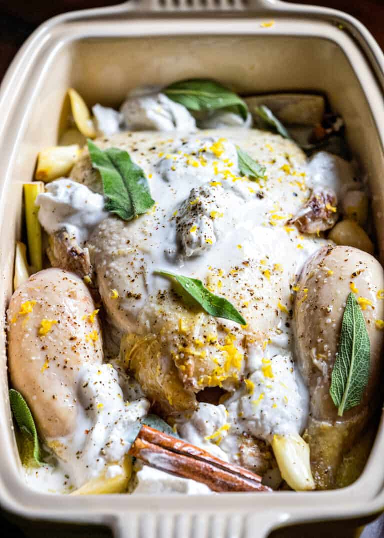 coconut lemongrass chicken, in pan ready to bake