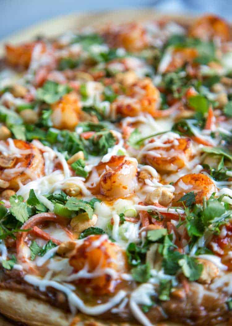 close up image of spicy seafood pizza
