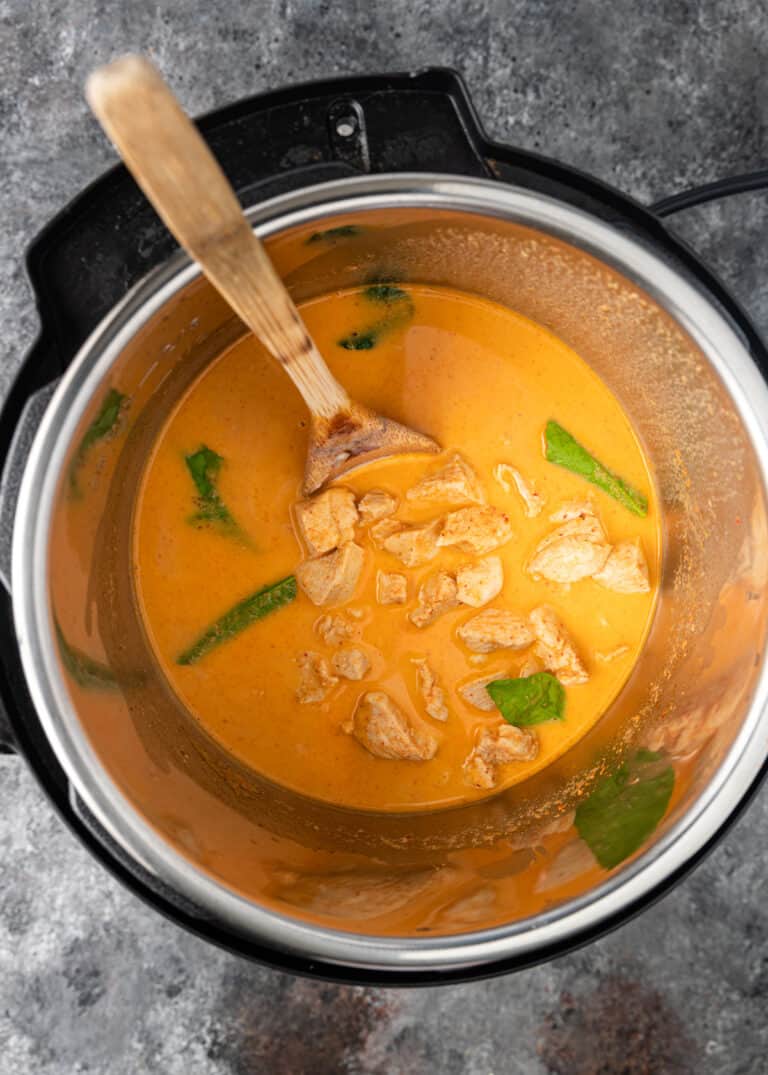 overhead making chicken curry recipe in pressure cooker