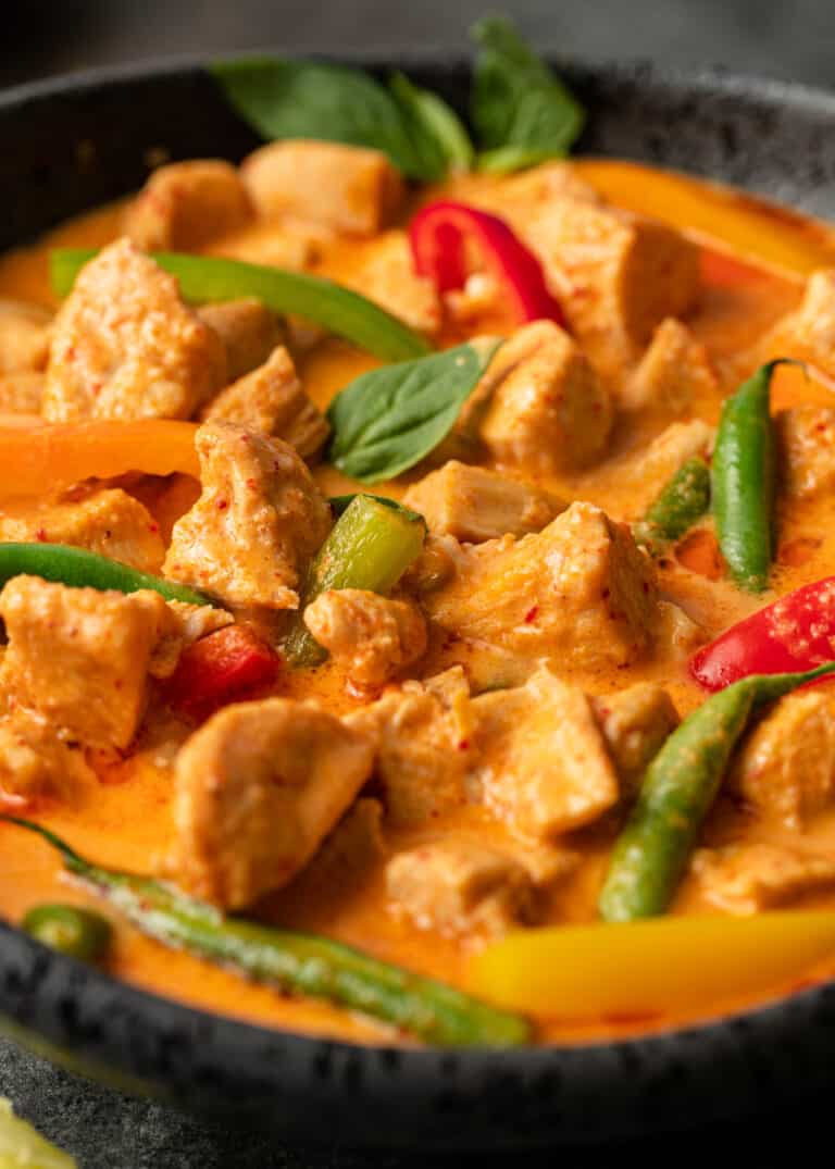 bowl of thai panang curry with diced chicken breast pieces