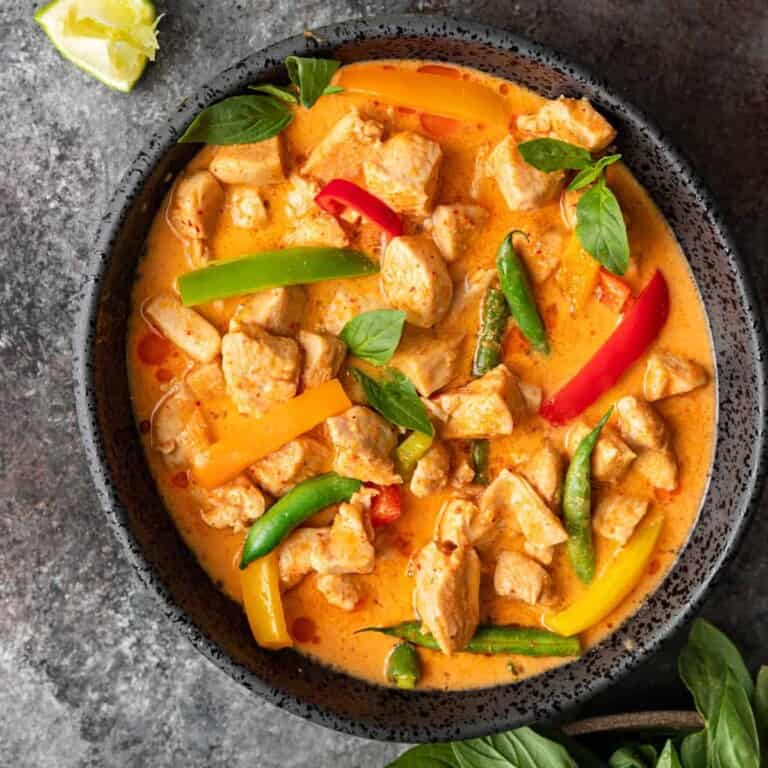 overhead image: bowl of panang curry