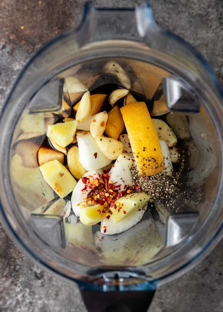 root vegetables and korean spices in food processor bowl
