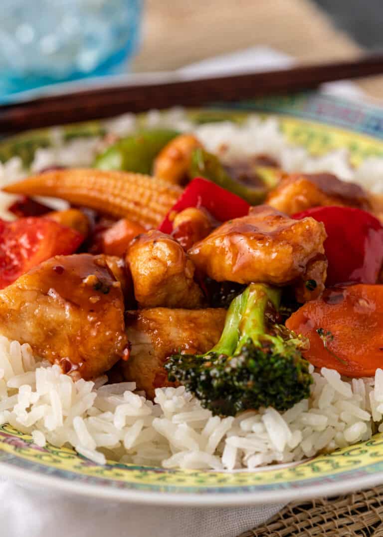 easy asian dinner of chicken stir fry on plate