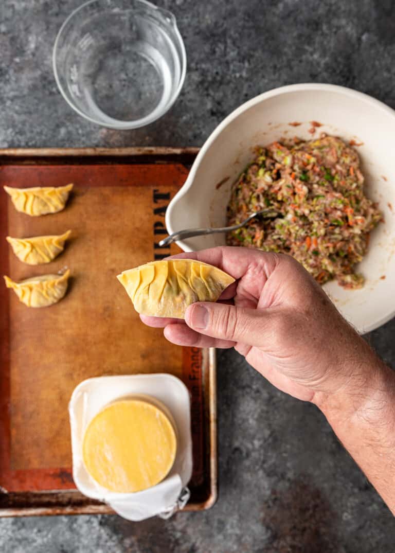 overhead: showing how to pleat dumplings