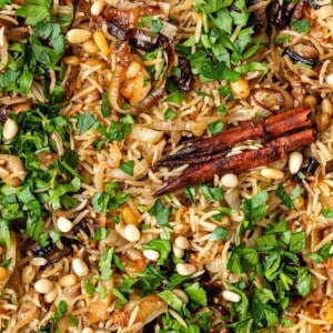 close up of herbs and spices in baked basmati rice