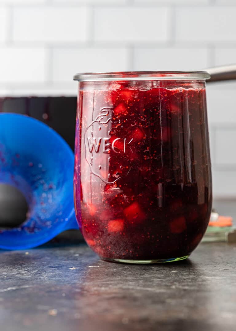 glass jar of homemade fruit relish