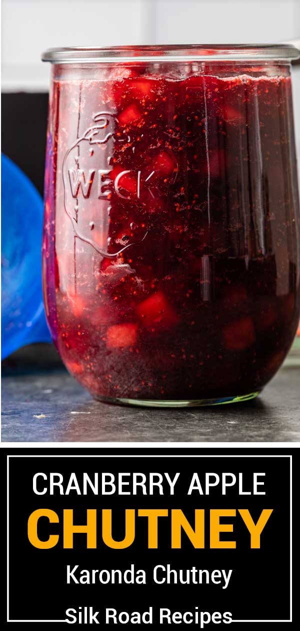 glass jar of cranberry apple chutney