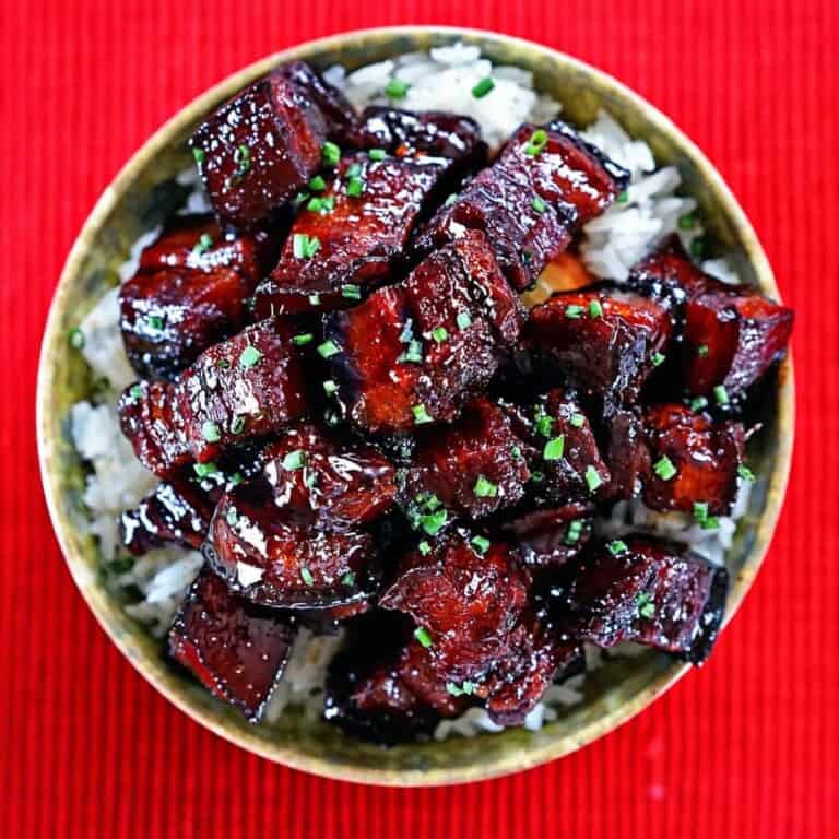 overhead of hong shao rou in bowl of rice