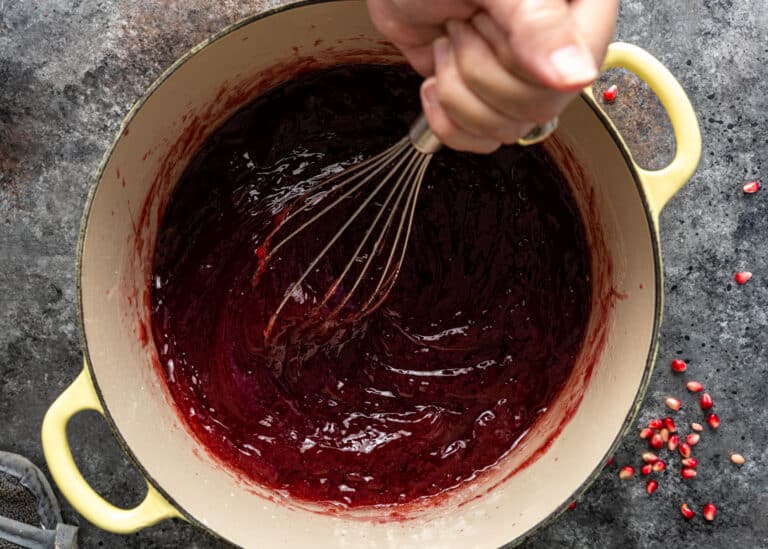whisking syrup into pomegranate base for turkish lokum recipe