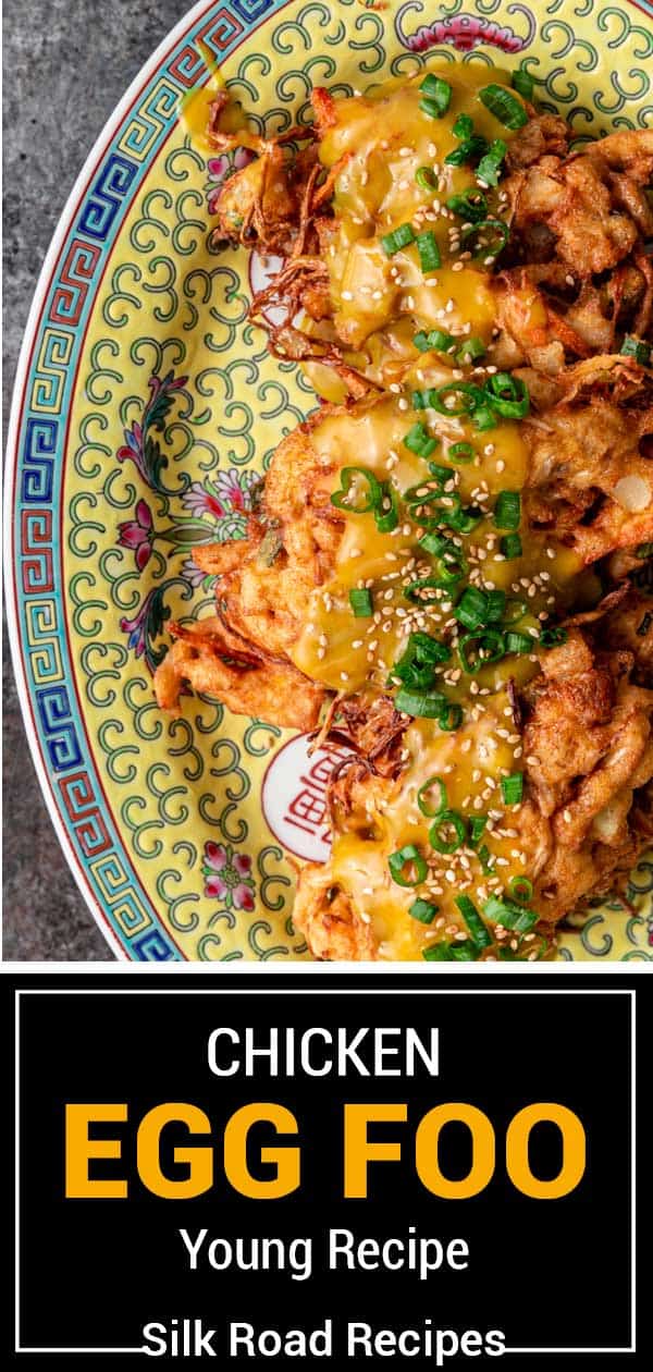 titled image shows chicken omelette garnished with scallions and white sesame seeds