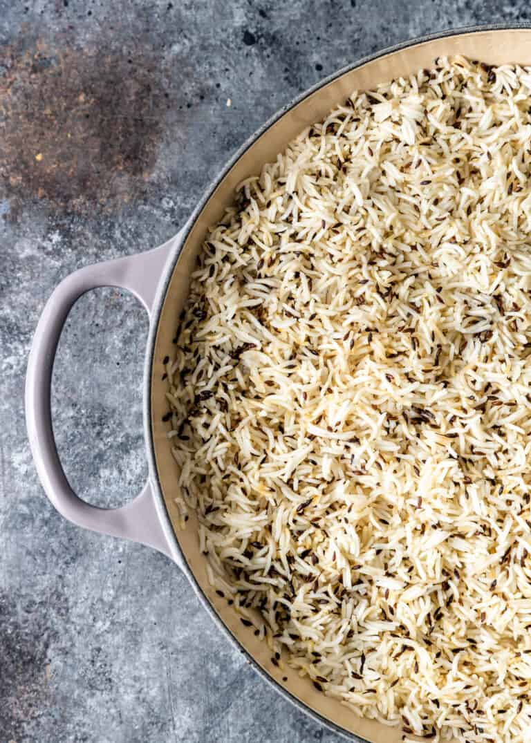 overhead: large pot of fluffy jeera rice recipe