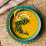 overhead: bowl of homemade lentil soup