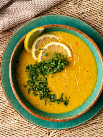 overhead: bowl of homemade lentil soup