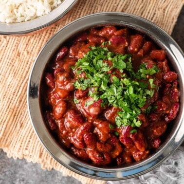 overhead: dish of indian masala curry with kidney beans