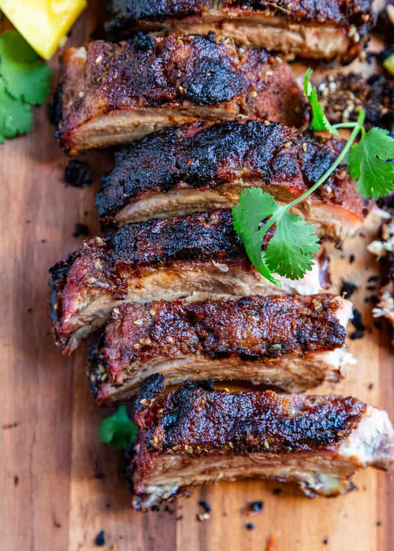 overhead: saucy chinese five spice ribs on cutting board