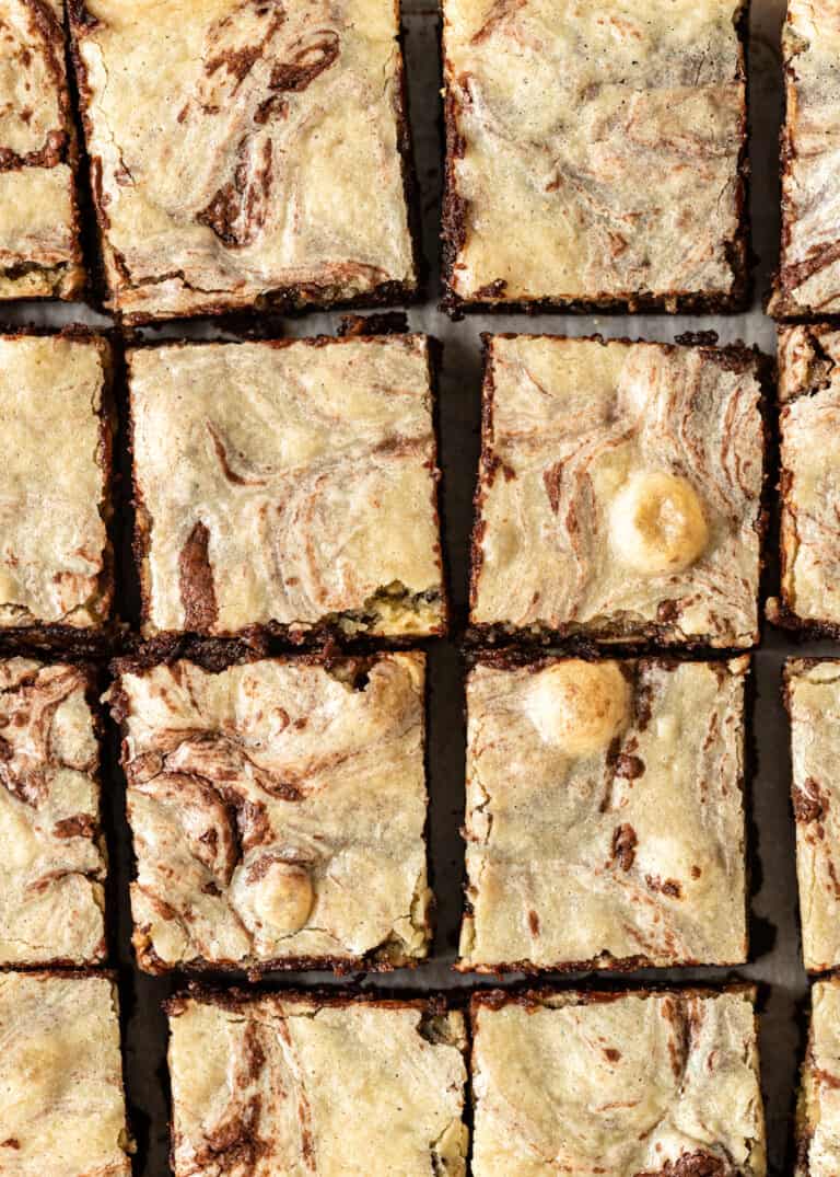 overhead: chocolate and tahini dessert bars cut into squares