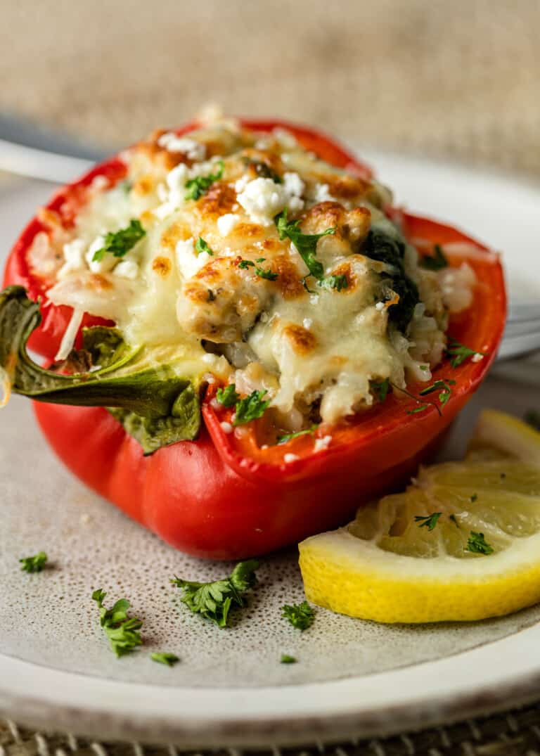 chicken spinach and feta stuffed red pepper