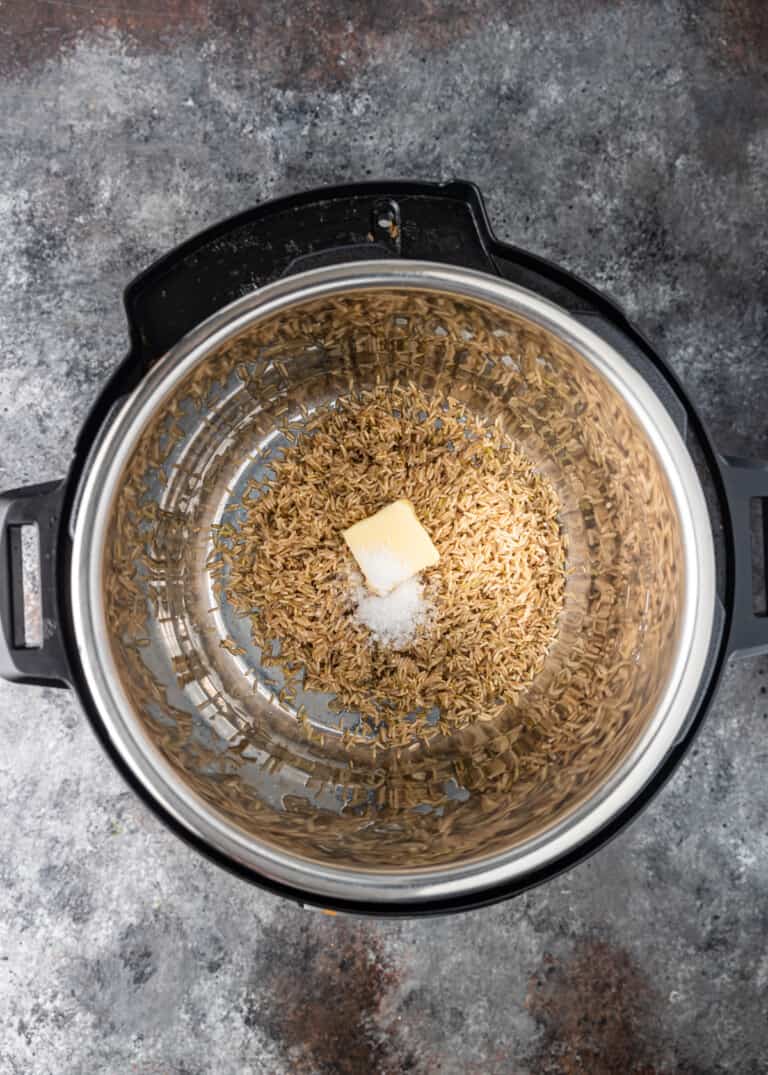 overhead: butter and basmati rice in instant pot
