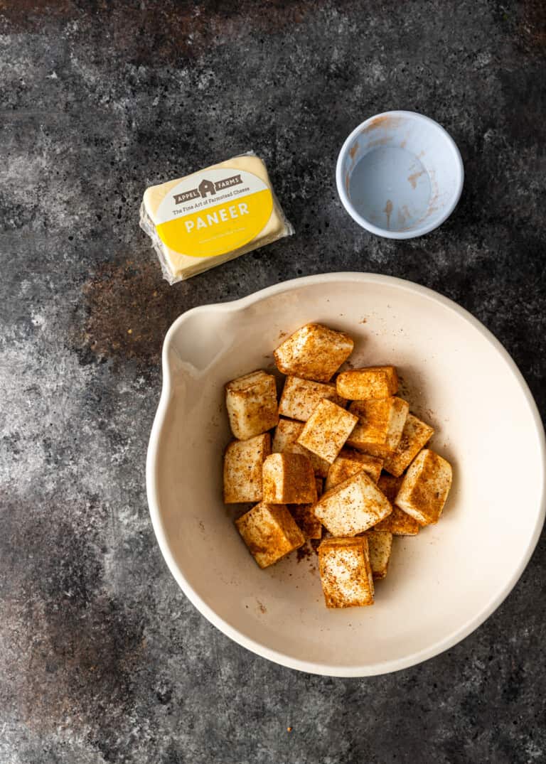 cubed paneer seasoned with spices