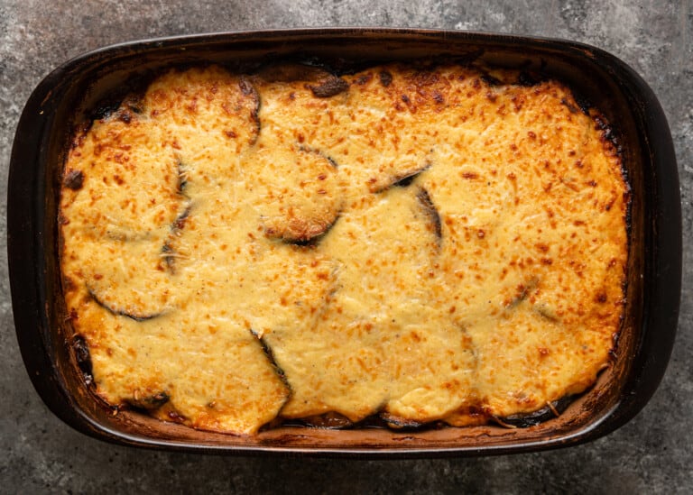 baked Eggplant Moussaka in a casserole pan