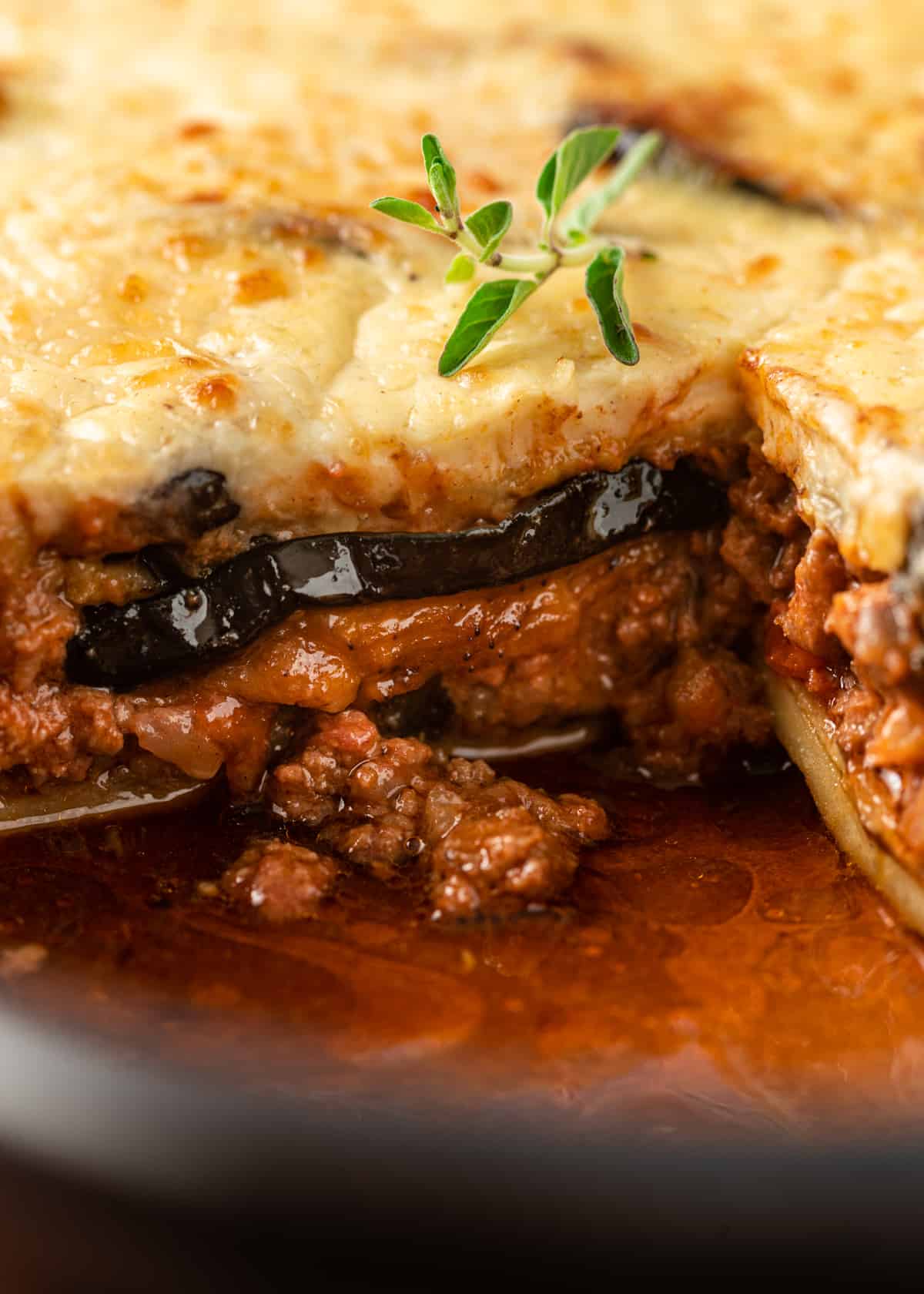 side view closeup: different layers of moussaka