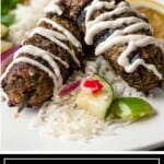 titled image (and shown on skewers): Moroccan Beef with Yogurt Dressing