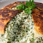 close up herbed rice sabzi polo with lavash tahdig