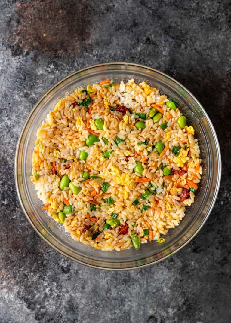 fried rice pressed in oiled bowl