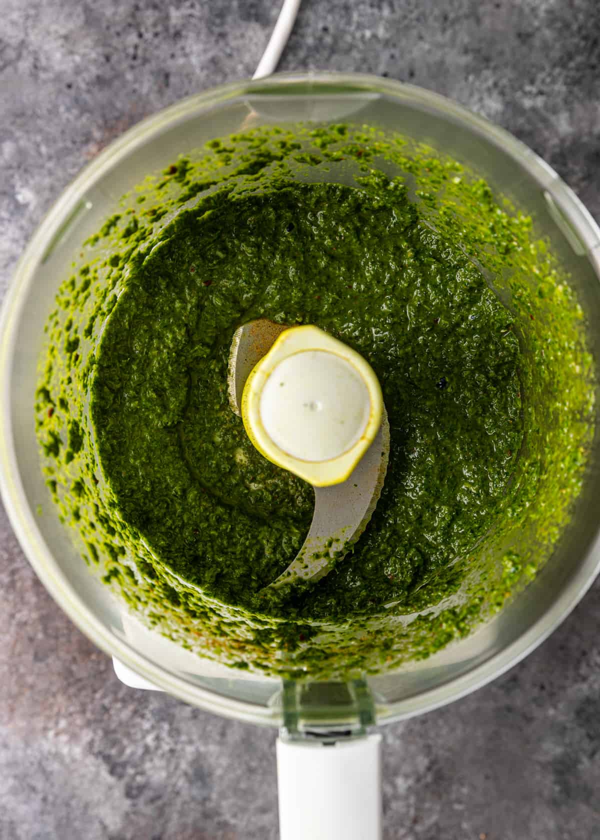 blended ingredients for green chermoula in food processor