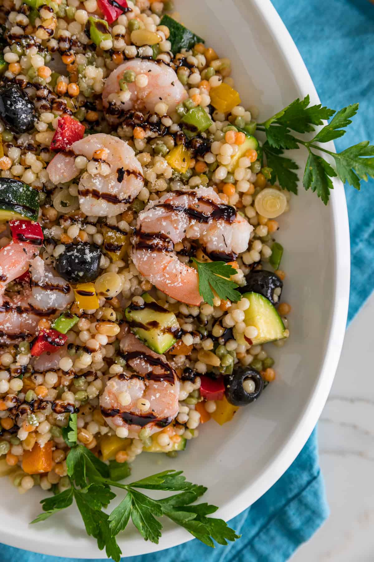 closeup of Mediterranean Couscous Salad with Shrimp